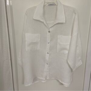 Tempo Paris White Casual Linen Button-Down Shirt